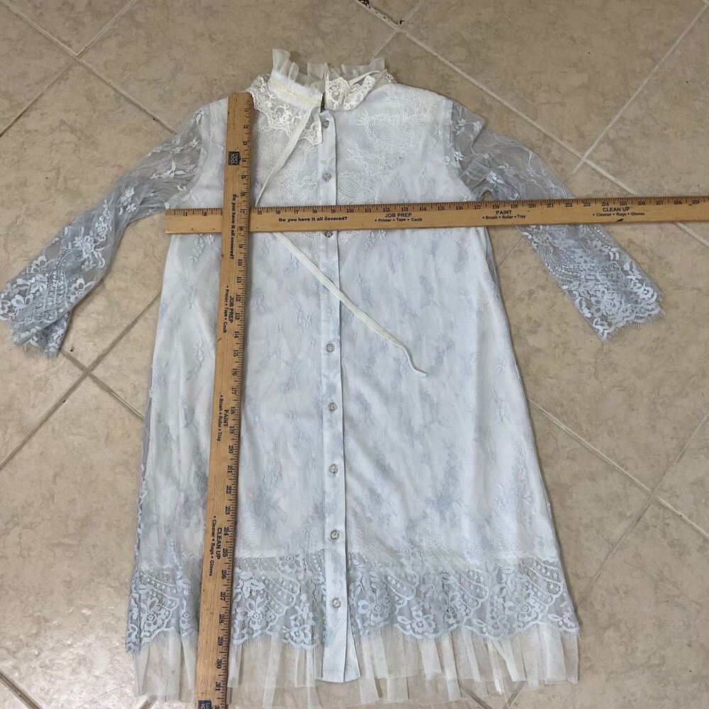 Chibi White Button Shirt Dress XS blue LS Lace Ruffle Coquette Victorian Dainty - Picture 7 of 11